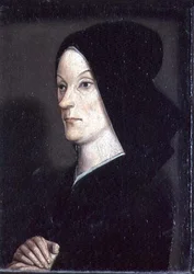 Das Matheron-Diptychon: Porträt von Jeanne de Laval (gest. 1498), zweite Frau von René I. dem Guten (1409-80), rechte Tafel